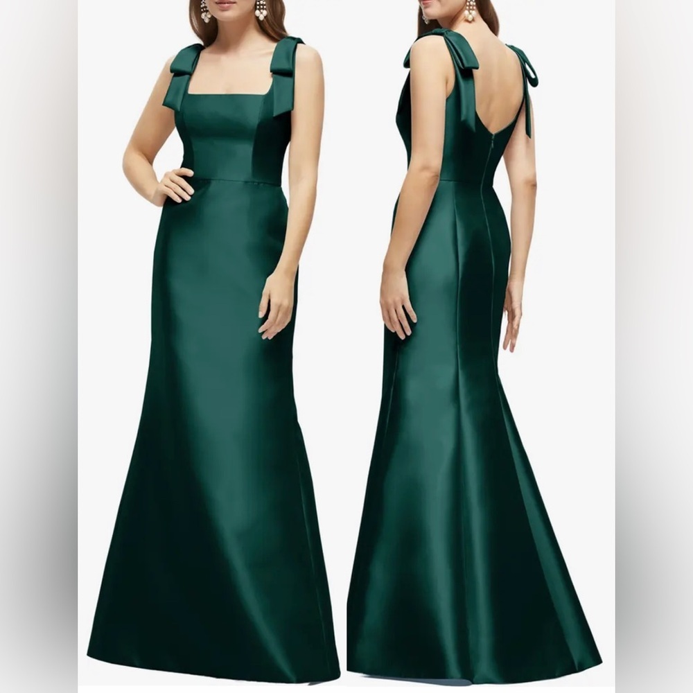 ALFRED SUNG Emerald Green Satin Maxi Gown with Bow Straps